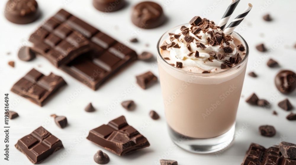 Creamy chocolate beverage topped with whipped cream and chocolate shavings alongside dark chocolate pieces and cookies on a white background Creamy chocolate beverage topped with whipped cream and chocolate shavings alongside dark chocolate pieces and cookies on a white background