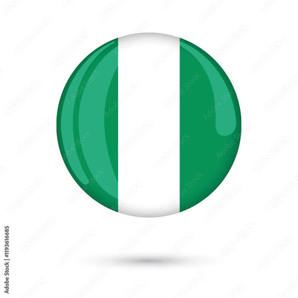 Nigeria flag button round 3D glossy badge vector illustration isolated on white background for Independence Day 1st October celebrations, educational purpose, online, social media, websites banners Nigeria flag button round 3D glossy badge vector illustration isolated on white background for Independence Day 1st October celebrations, educational purpose, online, social media, websites banners