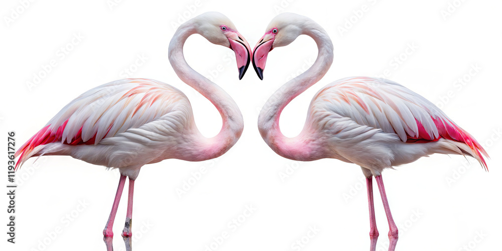 Fototapeta premium Two flamingos stand closely together, their necks curving to form a heart shape. Their striking pink and white feathers contrast beautifully against a calm background, symbolizing love and connection