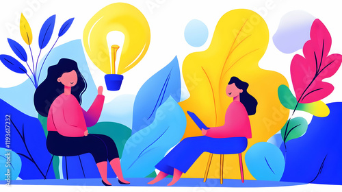 Two friends share bright ideas in a vibrant garden filled with lush plants