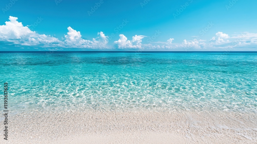 A serene beach scene featuring crystal-clear turquoise water gently lapping against a sandy shore under a bright blue sky with fluffy clouds. A serene beach scene featuring crystal-clear turquoise water gently lapping against a sandy shore under a bright blue sky with fluffy clouds.