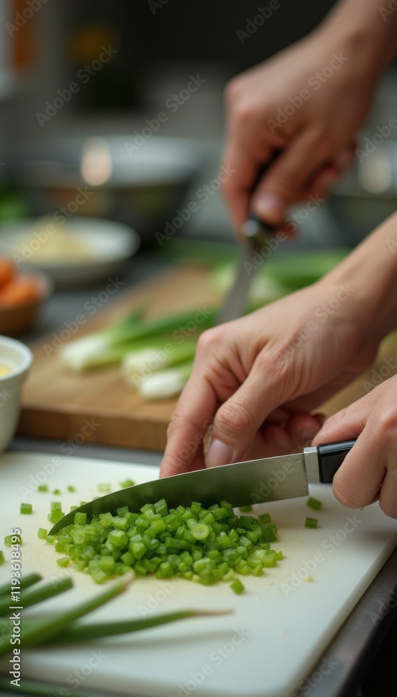 A pair of hands skillfully chop vibrant green onions on a cutting board, surrounded by fresh ingredients. The image captures the essence of culinary creativity, showcasing the joy of cooking and the A pair of hands skillfully chop vibrant green onions on a cutting board, surrounded by fresh ingredients. The image captures the essence of culinary creativity, showcasing the joy of cooking and the