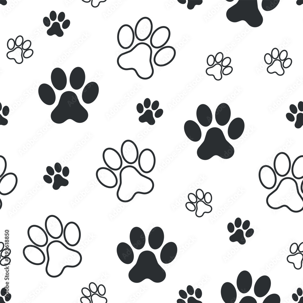 Fototapeta premium Paw Pet Footprint Pattern - White and Black Pattern of Pet Paws. Seamless Link.