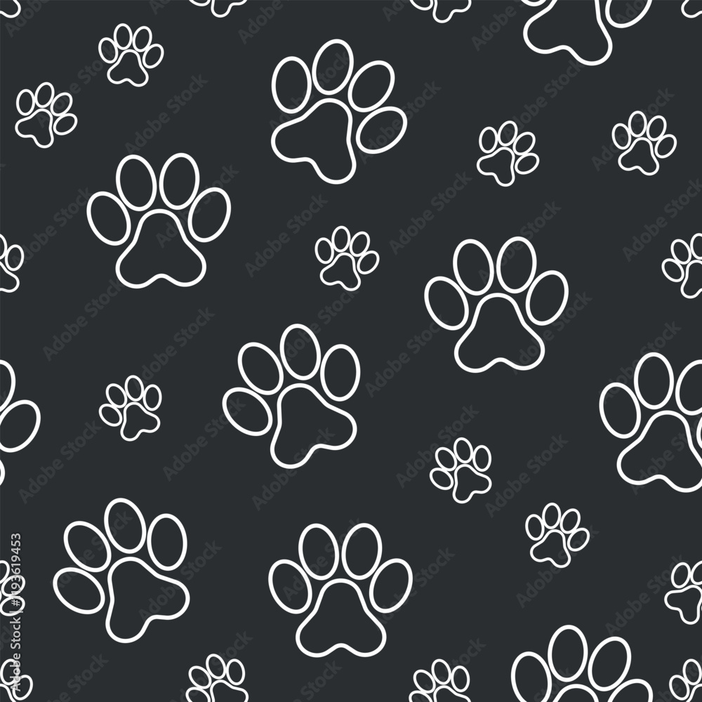 Fototapeta premium Paw Pet Footprint Pattern - White Contour of Pet Footprint on Black Background. Seamless Link.