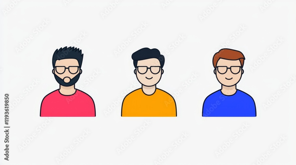 Fototapeta premium Modern illustration of cartoon faces with glasses and smiles in circle shapes.