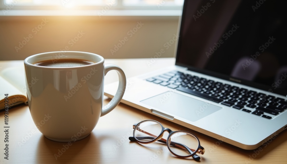 Cozy workspace with coffee and laptop, fostering productivity and warmth Cozy workspace with coffee and laptop, fostering productivity and warmth