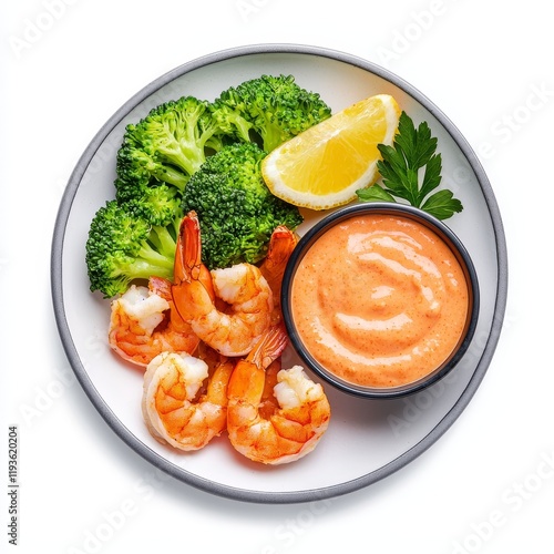 Shrimp and cocktail sauce on a plate, isolated on a transparent surface. photo