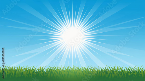 Bright Sunburst Over Green Grass with Radiating Sunbeams in Clear Blue Sky