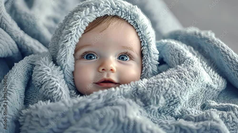 Adorable baby nestled in a soft, light blue hooded blanket. Adorable baby nestled in a soft, light blue hooded blanket.