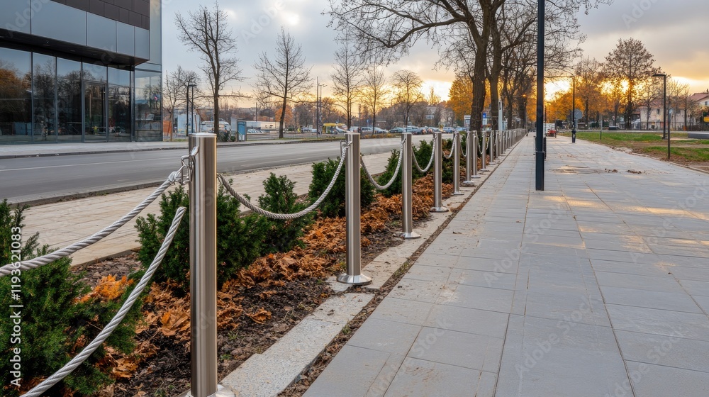 Close-up of sleek stainless steel safety pillars and ropes alongside a pedestrian path near an asphalt road in a city setting Close-up of sleek stainless steel safety pillars and ropes alongside a pedestrian path near an asphalt road in a city setting