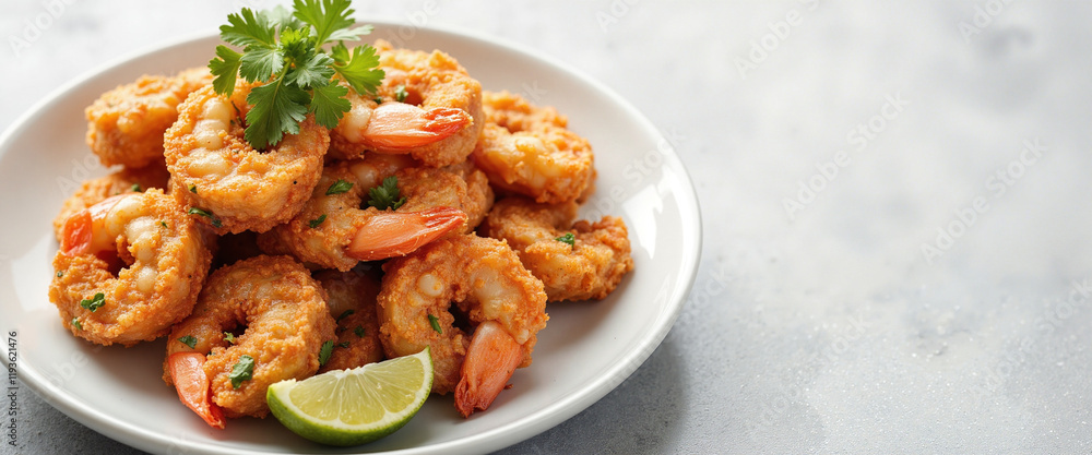 Air Fried Shrimp with Lime and Cilantro on a White Plate Displaying a Delicious Snack Appeal