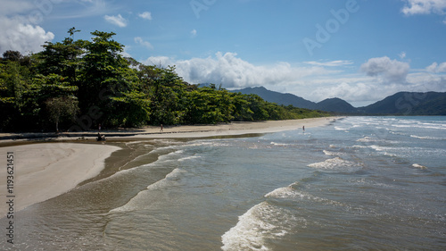 Beautiful aerial view of a preserved area, Fazenda Beach, within the Serra do Mar State Park, a destination for sustainable and ecological tourism in Atlantic Rainforest, between Montains and Sea. photo