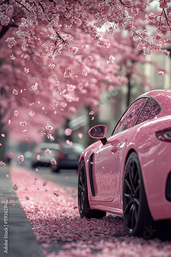 A stunning pink sports car parked under blooming cherry trees.