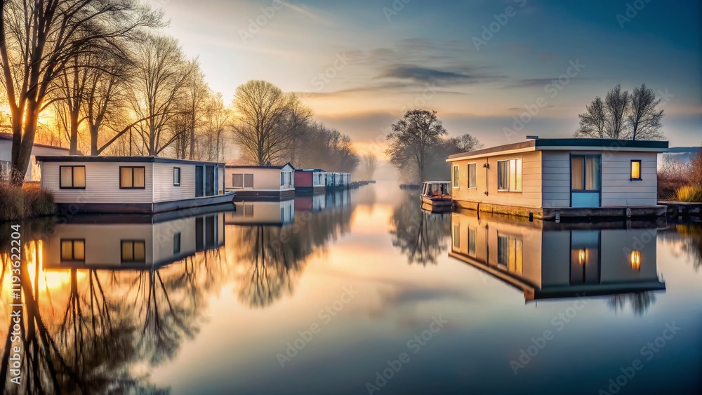 Obraz premium Minimalist Houseboats on Calm Canal - Peaceful Waterway Scene
