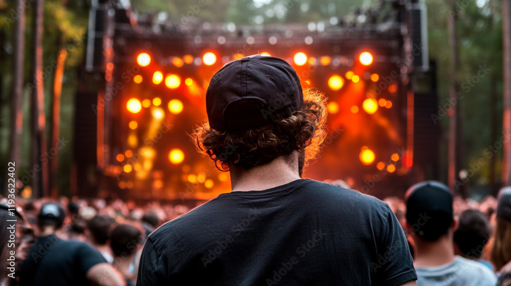 Fototapeta premium Backlit Music Festival with Vibrant Stage Lights in Forest Atmosphere