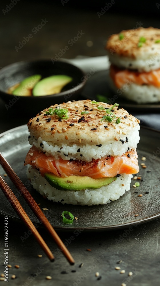 Delicious salmon and avocado sushi burger with sesame rice buns Delicious salmon and avocado sushi burger with sesame rice buns