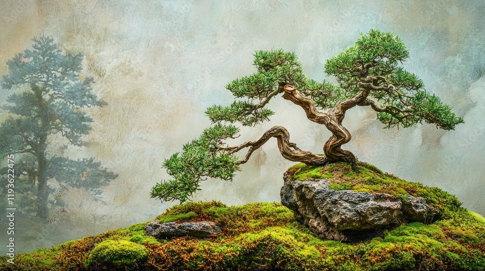 Fototapeta premium Bonsai tree on mossy rock, misty background.