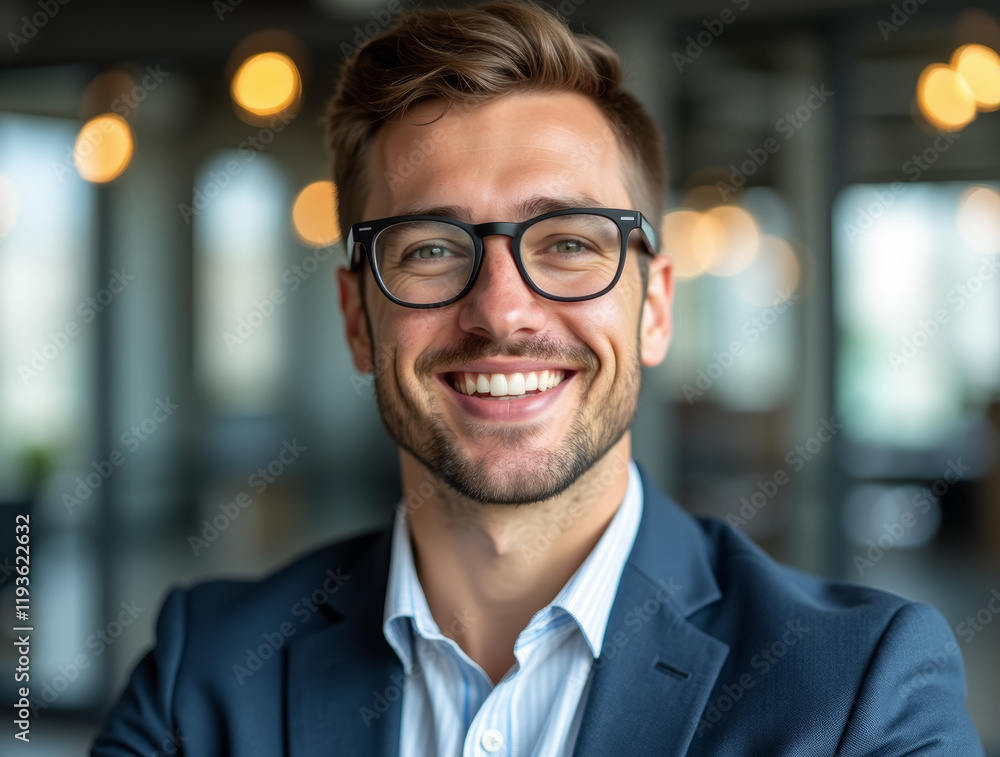 professional man with glasses smiling in modern office setting professional man with glasses smiling in modern office setting
