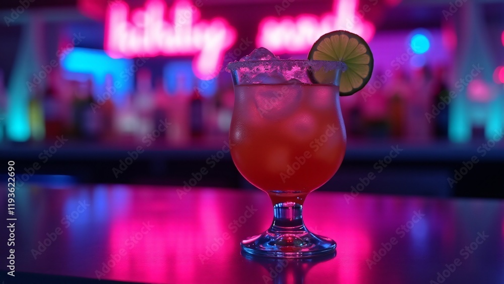 Modern bar scene with a vibrant margarita under neon lights. The glowing pink, blue, and purple tones create a dynamic, futuristic nightlife vibe. Modern bar scene with a vibrant margarita under neon lights. The glowing pink, blue, and purple tones create a dynamic, futuristic nightlife vibe.