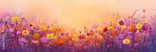 Vibrant sunset over a field of colorful wildflowers in bloom