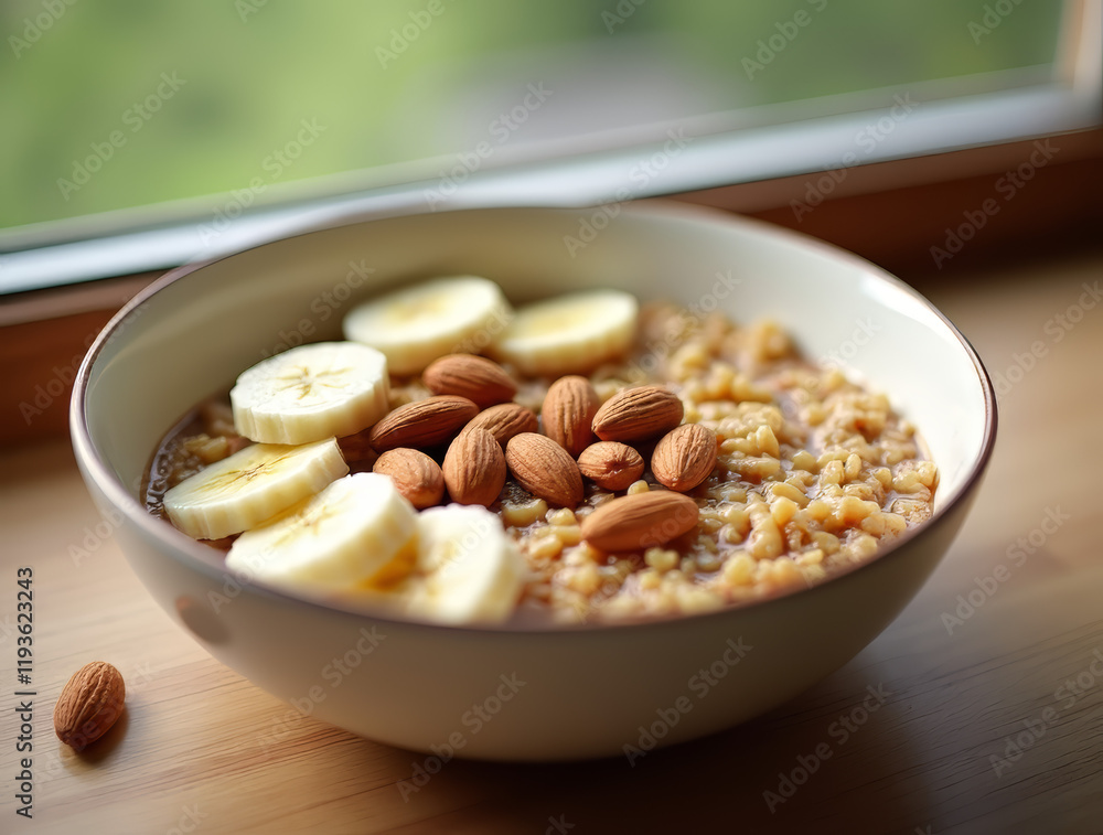 breakfast bowl with creamy oatmeal, bananas, and almonds by the window breakfast bowl with creamy oatmeal, bananas, and almonds by the window