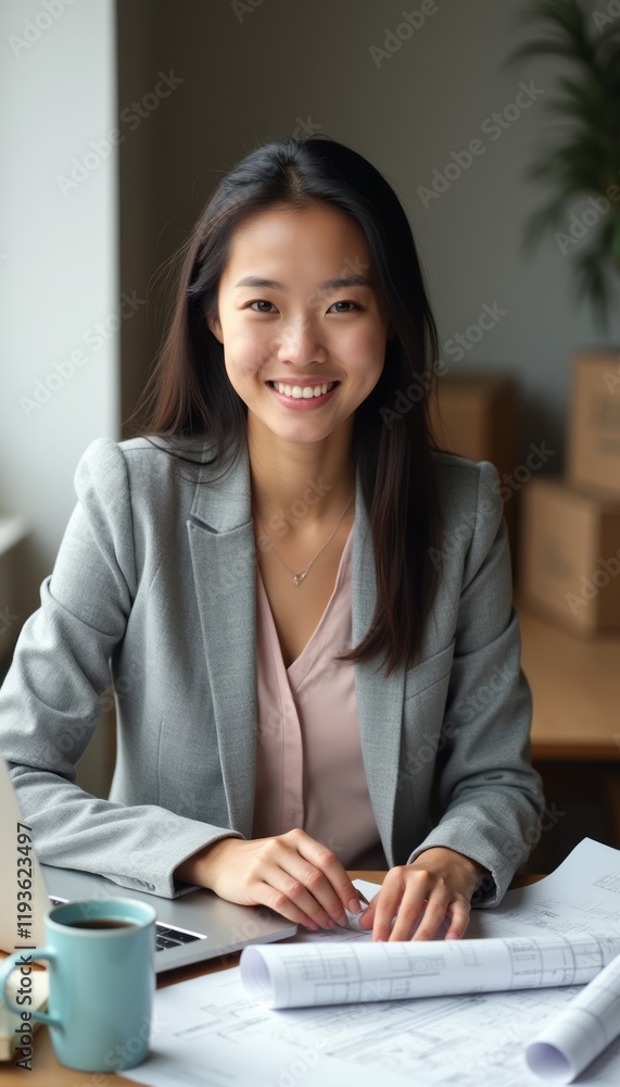 A smiling young Asian woman in a professional gray blazer sits at a desk, surrounded by blueprints and a coffee cup. Her warm smile radiates confidence and approachability, making her the perfect A smiling young Asian woman in a professional gray blazer sits at a desk, surrounded by blueprints and a coffee cup. Her warm smile radiates confidence and approachability, making her the perfect