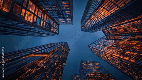 Low angle view of illuminated skyscrapers at dusk.