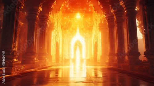 Creative visualization of chanting mantras echoing through serene temples illuminated by soft divine light