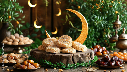 Ramadan product display podium background, Eid feast setting, rustic wooden table-style, platters of baklava, kunafa, dates, decorative golden crescent accents and festive greenery, ad photo