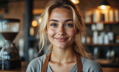 Smiling blonde woman in café