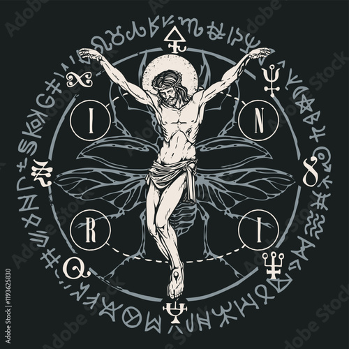 Hand drawn crucifixion of Jesus Christ with beetle wings, alchemical and masonic symbols. Abstract vector banner in retro style on religious theme with encrypted signs written in a circle