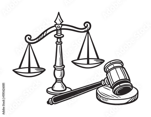 black and white drawing of a gavel and balance scales, representing justice and fairness, ideal for law-related content