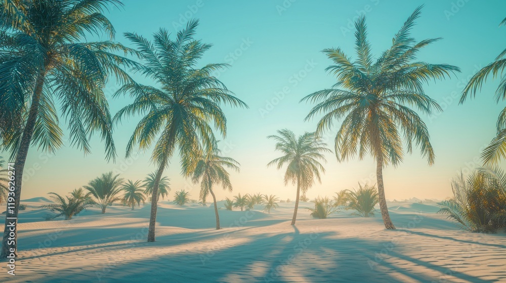 Serene sunrise over palm trees in a white sand desert. Serene sunrise over palm trees in a white sand desert.