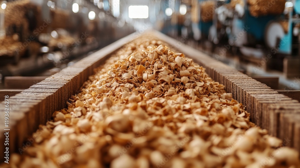 Fototapeta premium A Close-Up View of Wood Shavings on a Conveyor Belt in a Lumber Production Facility Highlighting the Natural Texture and Color of Freshly Processed Timber Products