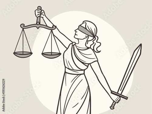 vector drawing of lady justice, a blindfolded woman holding scales and a sword. represents impartiality and justice. ideal for legal, law, and court-related themes