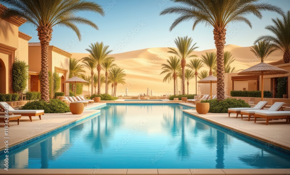 Serene desert resort with palm trees Serene desert resort with palm trees