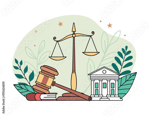 illustration of legal symbols including a gavel, scales of justice, law books, and a courthouse surrounded by leaves. perfect for law and justice concepts