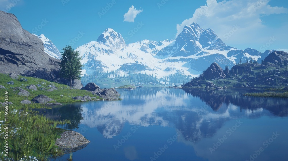 Fototapeta premium Serene mountain lake reflecting snow-capped peaks under a clear blue sky.