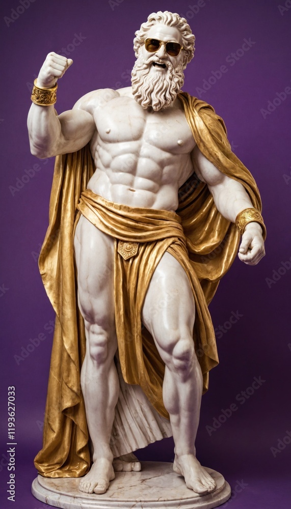 Greek marble statue of Zeus wearing sunglasses and gold shorts, giving a thumbs-up gesture against a purple background Greek marble statue of Zeus wearing sunglasses and gold shorts, giving a thumbs-up gesture against a purple background