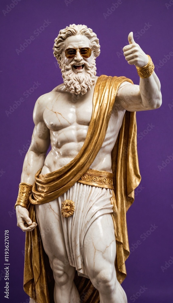 Obraz premium Greek marble statue of Zeus wearing sunglasses and gold shorts, giving a thumbs-up gesture against a purple background