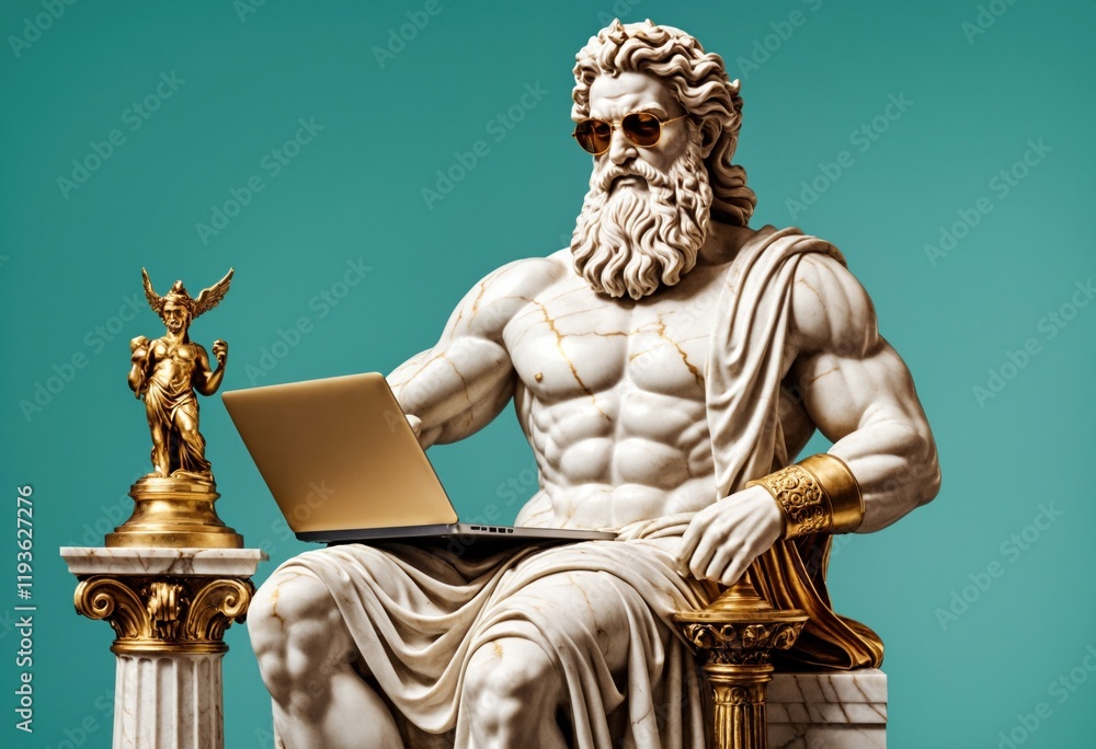 Obraz premium 3D illustration of the Greek god Zeus working on his laptop, solid color background