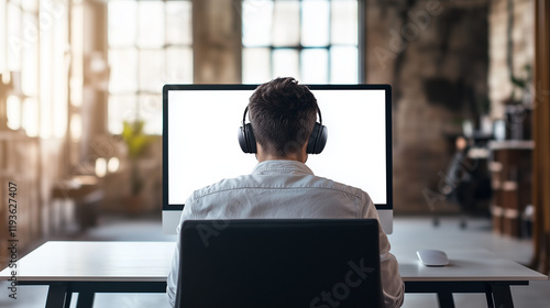 A man facing his computer in the office, seen from behind, blank white screen.