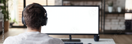 Young man with headphones sitting at a computer, blank display visible from behind.