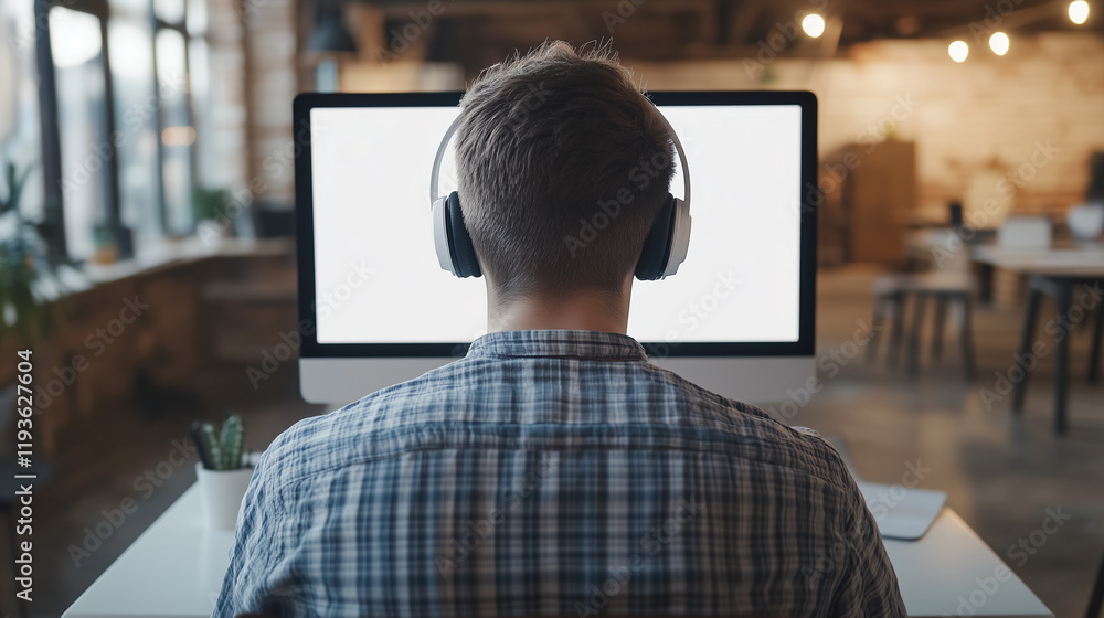 A young man seated with his back to the viewer, using a computer in an office, blank screen displayed. A young man seated with his back to the viewer, using a computer in an office, blank screen displayed.