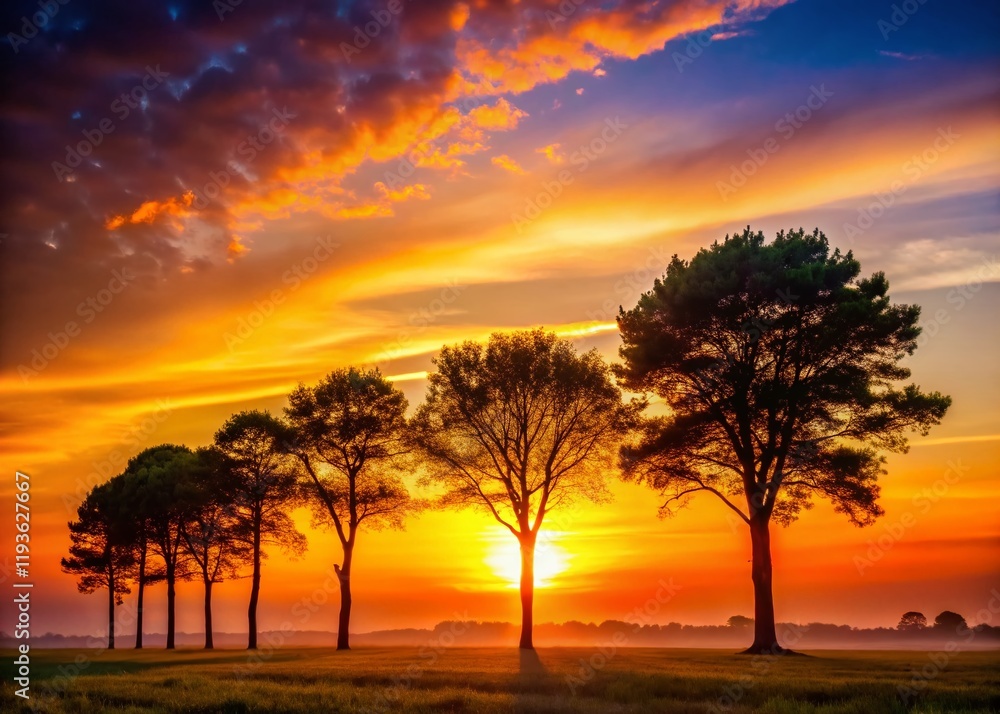 Fototapeta premium Minimalist Sunset Landscape: Silhouetted Trees, Serene Nature Scene