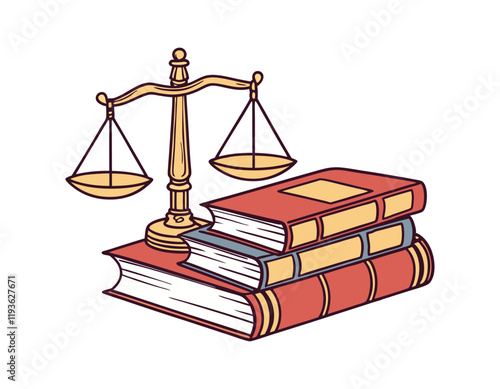 illustration of a stack of law books with a golden balance scale on top, symbolizing justice and legal knowledge. perfect for legal, educational, or academic content