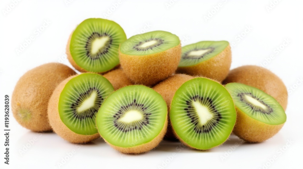 several whole and halved kiwifruits. The whole kiwifruits have brown, fuzzy skin, while the halved kiwifruits reveal a vibrant green interior with a white centre and small black seeds arranged. several whole and halved kiwifruits. The whole kiwifruits have brown, fuzzy skin, while the halved kiwifruits reveal a vibrant green interior with a white centre and small black seeds arranged.