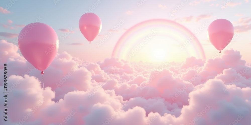 Fototapeta premium A dreamy landscape featuring pink balloons floating above fluffy clouds with a soft rainbow in the background, evoking a sense of whimsy and joy.