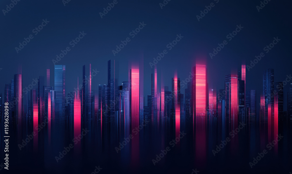 Dynamic Neon Skyscraper Skyline at Night: A Futuristic Urban Metropolis with Vibrant Luminescent Architecture and Abstract Reflections Dynamic Neon Skyscraper Skyline at Night: A Futuristic Urban Metropolis with Vibrant Luminescent Architecture and Abstract Reflections