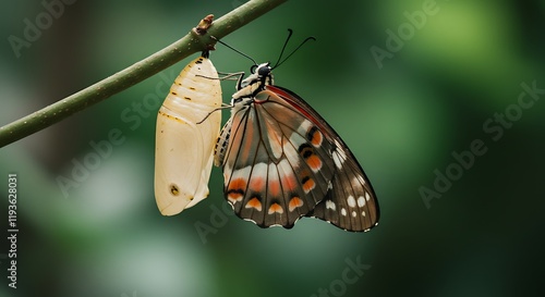 Stunning closeup of a butterfly emerging from its chrysalis on a branch.  Nature's metamorphosis.  Beautiful insect.